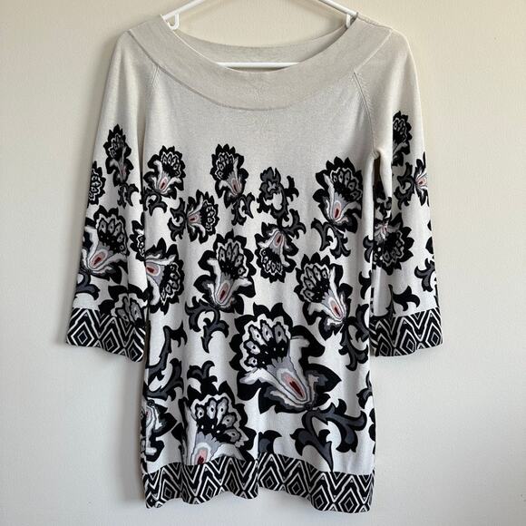 White House Black Market Tops - WHBM Floral Tunic Silk Wool Blend 3/4 Sleeves Scoop Neck Lightweight SMALL